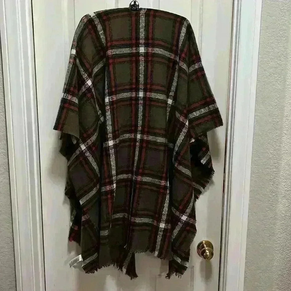 Green Orange Cream Plaid Oversized Shawl Wrap Wearable Scarf Cozy Fall OS - Picture 4 of 6